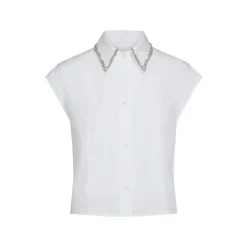 Cap Sleeve Top with Beaded Collar in White