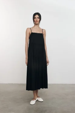 Cool Cotton Strappy Tiered Dress in Black
