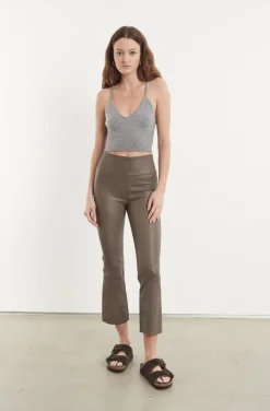 Cropped Flare Leather Leggings in Grey