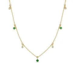Dangling Alternating Emerald and Diamond Necklace in Yellow Gold