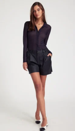 Deep Pleat Leather Shorts in Black