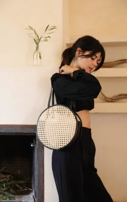 Emila Round Handbag in Black Rattan