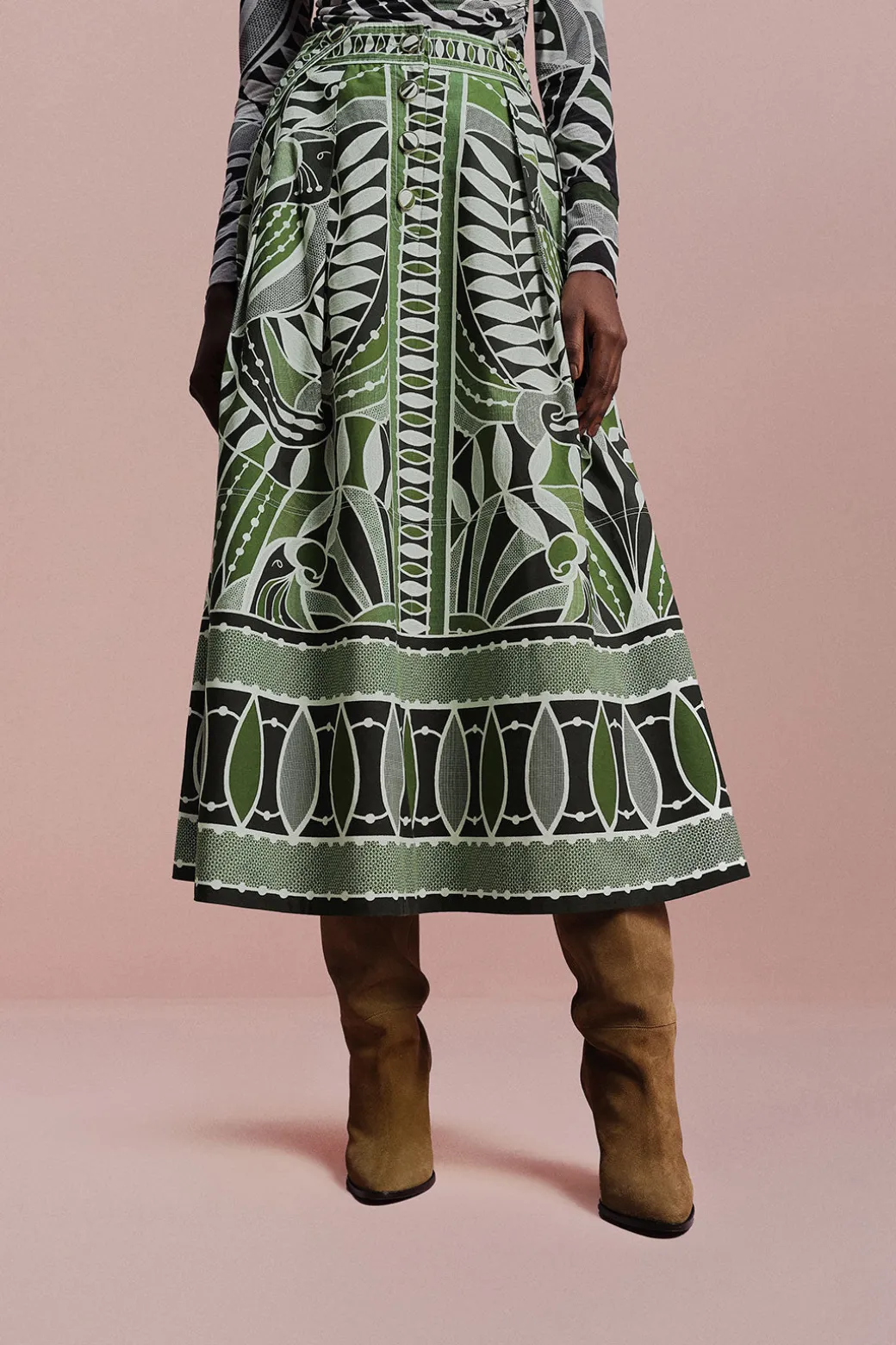 Lace Nature Maxi Flared Skirt in Black and Green