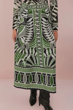 Lace Nature Maxi Flared Skirt in Black and Green