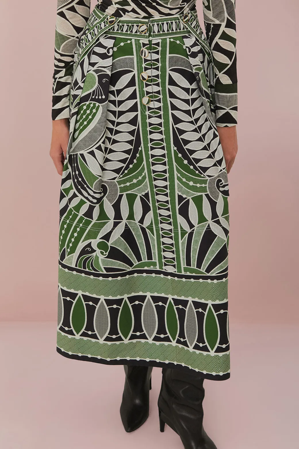 Lace Nature Maxi Flared Skirt in Black and Green