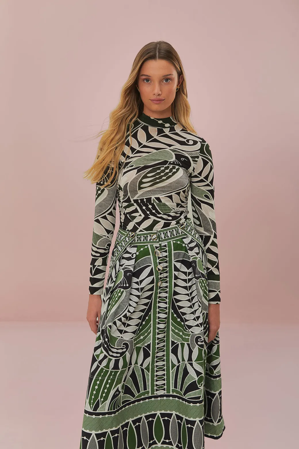 Lace Nature Maxi Flared Skirt in Black and Green