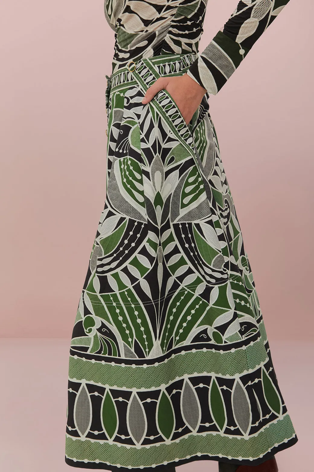 Lace Nature Maxi Flared Skirt in Black and Green