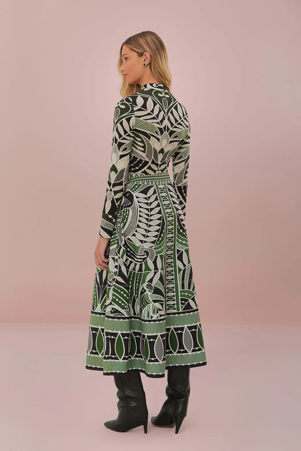 Lace Nature Maxi Flared Skirt in Black and Green