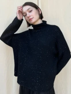 Mock Neck Sequin Sweater in Black