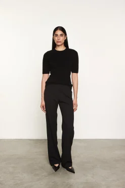 Powder Rib Knitted Half Sleeve Crew in Black