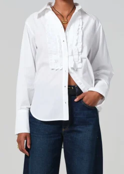 Ruffle Tuxedo Shirt in White
