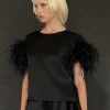 Satin Top with Feathers in Black