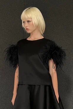 Satin Top with Feathers in Black