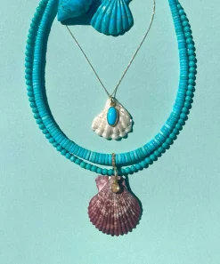 Turquoise Beaded Necklace with Shell and Pink Sapphire