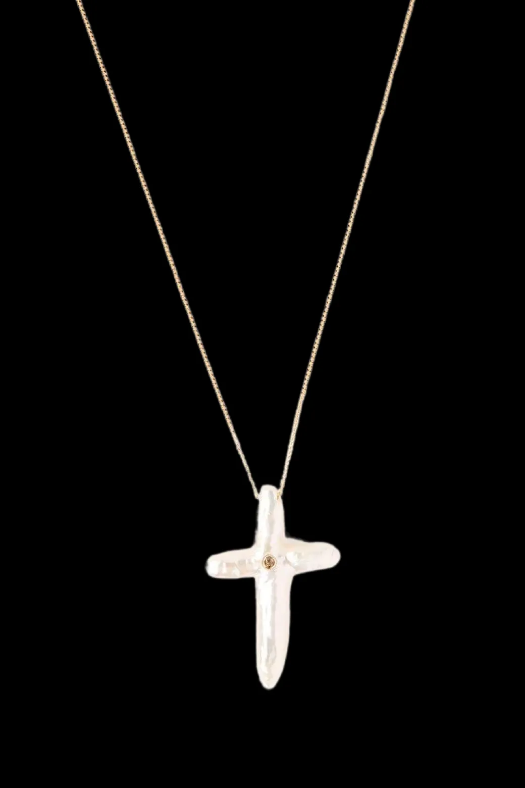 White Baroque Pearl Cross Necklace with Champagne Diamond