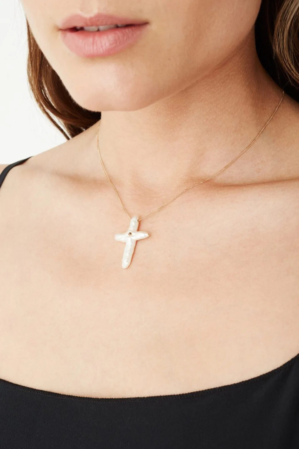 White Baroque Pearl Cross Necklace with Champagne Diamond
